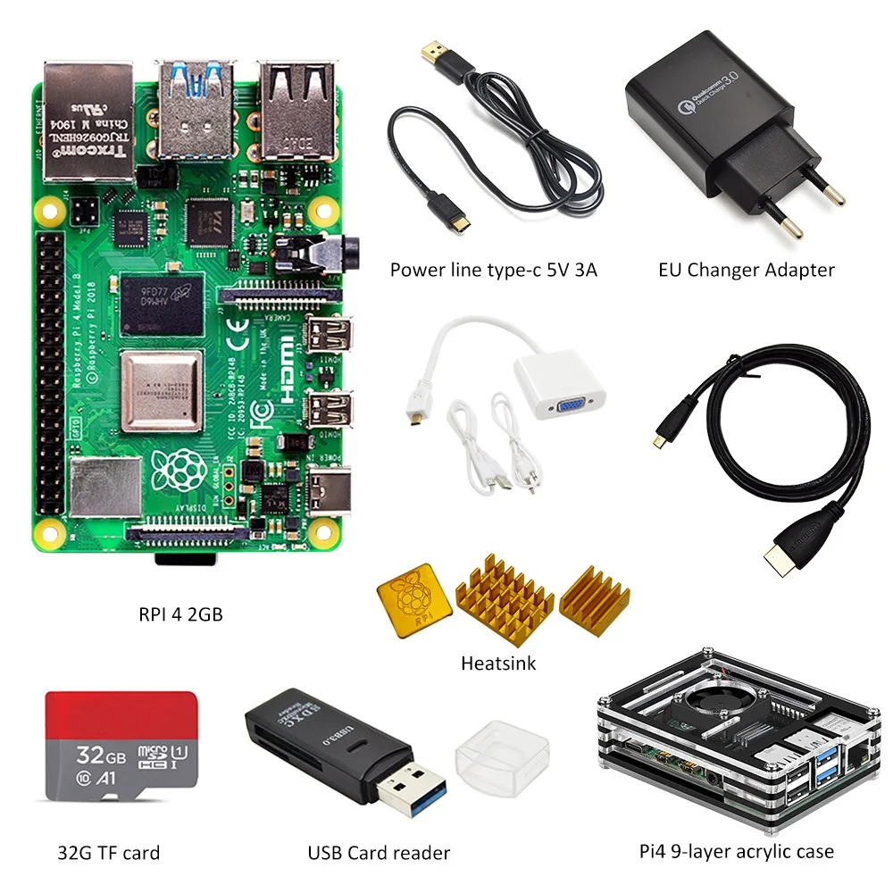 Оригинальный Raspberry Pi 4 Модель B 2 ГБ RAM Полный комплект: чехол + адаптер питания ЕС