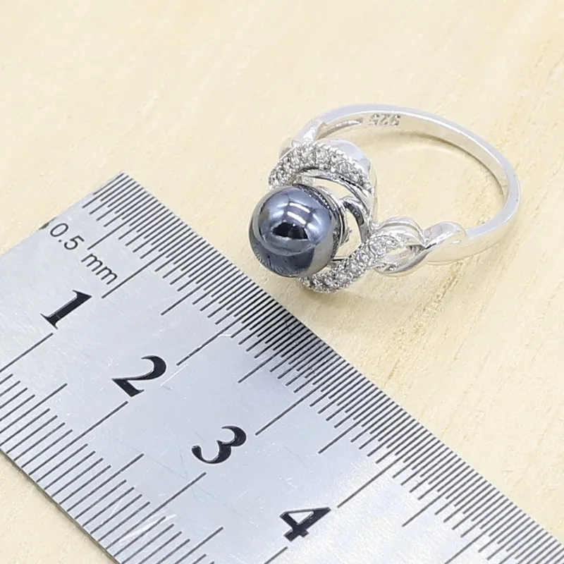 Black Pearl Silver Color Necklace Pendant Earrings Ring Jewelry Sets for Women Zircon Bracelet Birthday Gift | Украшения и