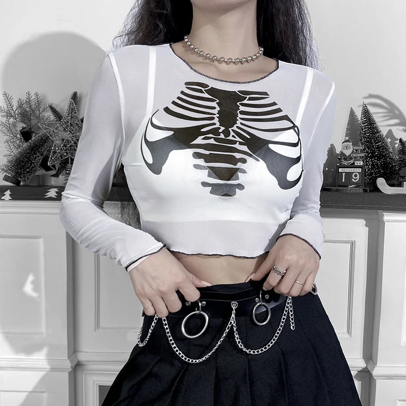 

2021 New T-shirt Women's Dark Personality Breastbone Print Perspective Screen T-shirt Women's Lightweight Open Navel Bottom