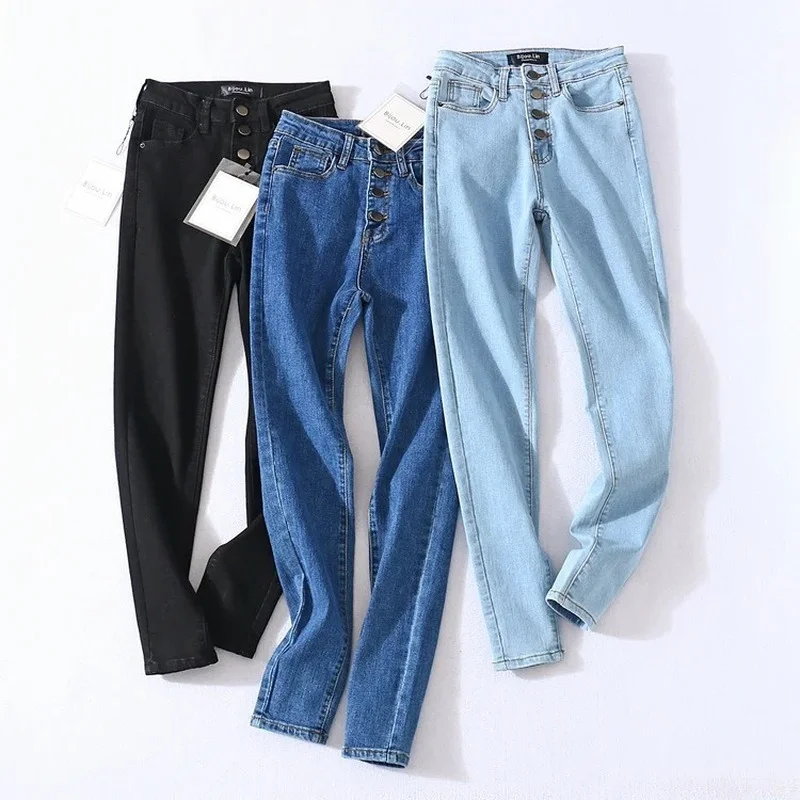 

Retro skinny four-button high-waisted pencil jeans ladies slim stretch denim trousers full-length denim tights jeans woman