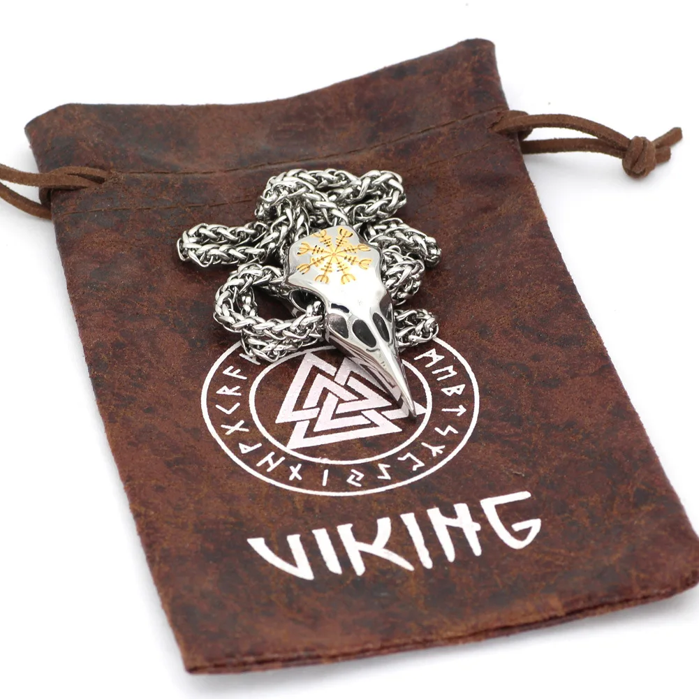 Ожерелье с черепом в скандинавском стиле золотым компасом и вороной амулет из