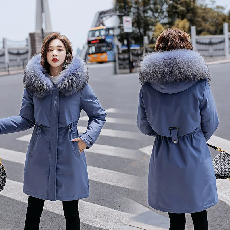 

2021 winter new down women's medium and long cotton clothes fashion leisure wool collar large pocket waist parkas