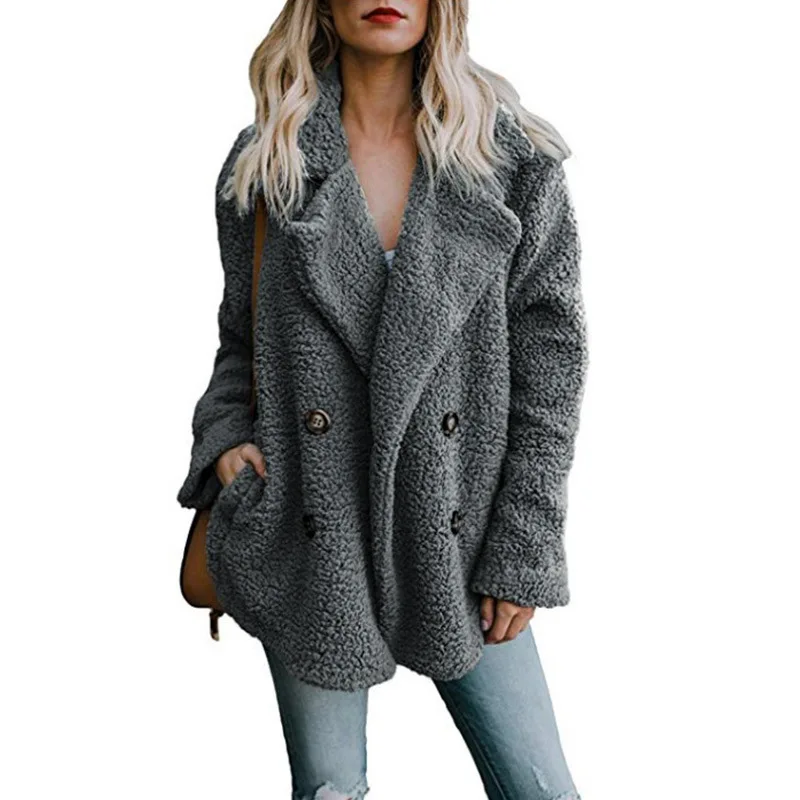 2021 Autumn and Winter Women's Double Breasted Jacket Fashion New Lapel Pocket Sweater Lapel Loose Plush Buttons Fur Coat Women