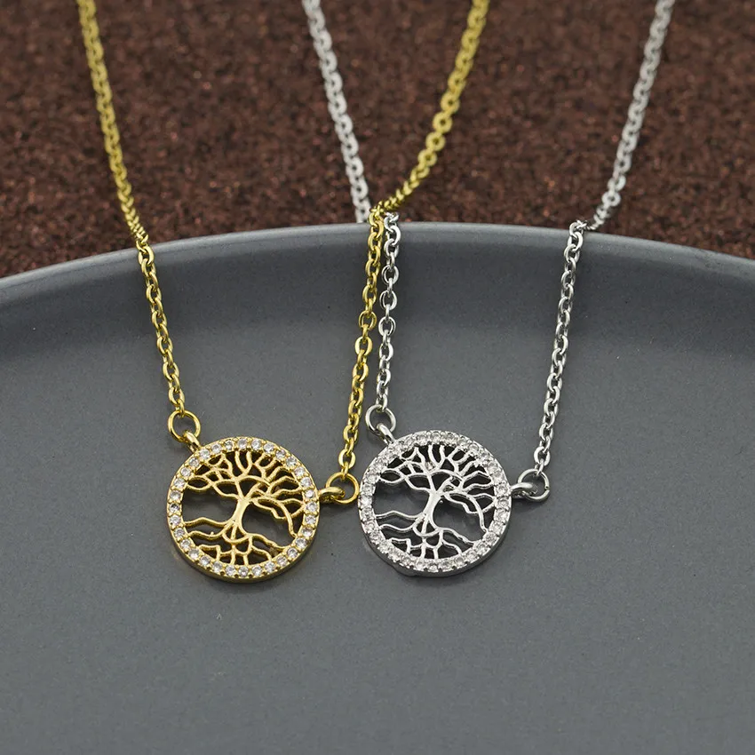 

Female Collier Family Tree Of Life Necklace For Women Cubic Zirconic Crystal Gold Stainless Steel Chain Necklace Jewely Gift