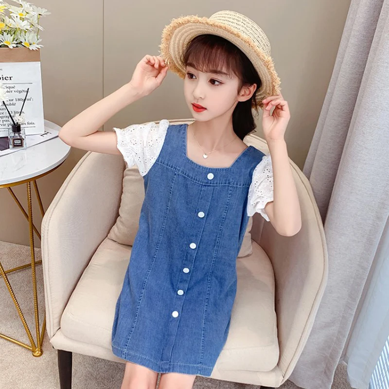 

Girls 2021 Summer Baby Girl Clothes Denim Color Sundress Toddler Pinafore Short Sleeve Dress for Kids 2-7 Years