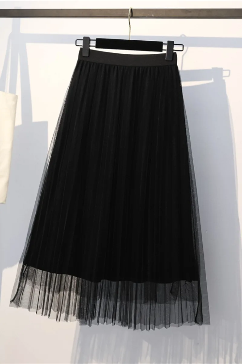 

korean fashion Black Mesh Pleated skirts plus size harajuku kawaii Women Midi Skirt faldas DM