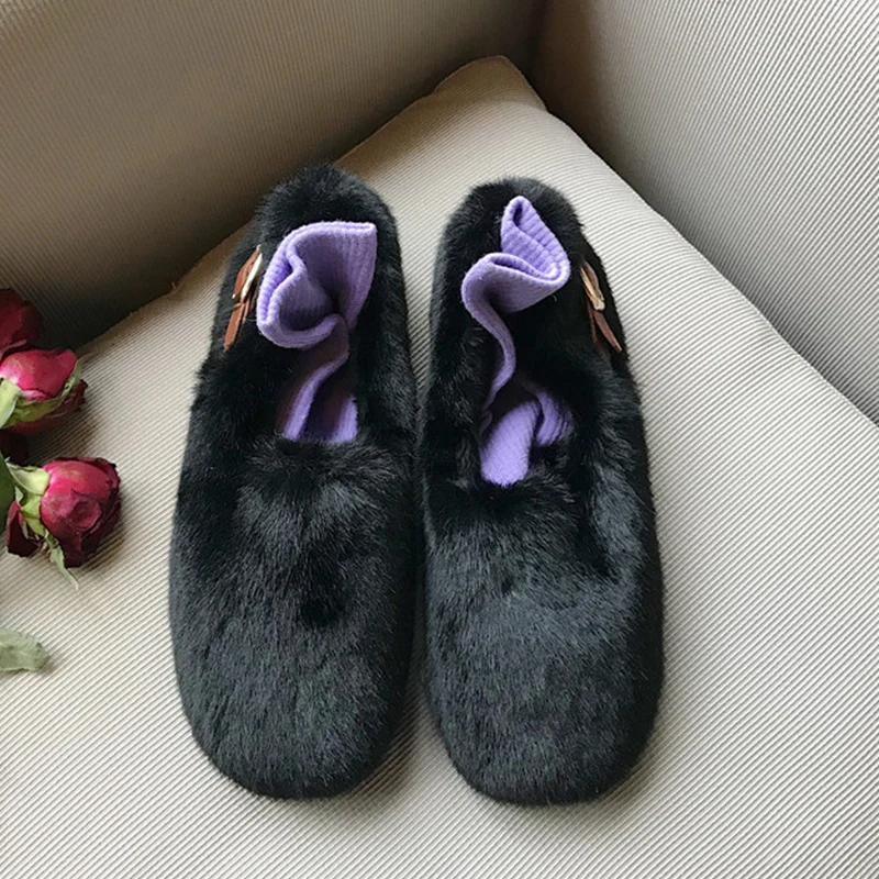 

2021 Winter Warm Women Flats Concise Black Sneakers Plush Fur Female Loafers Female Platform Shoes Ladies Casual Rubber Flats