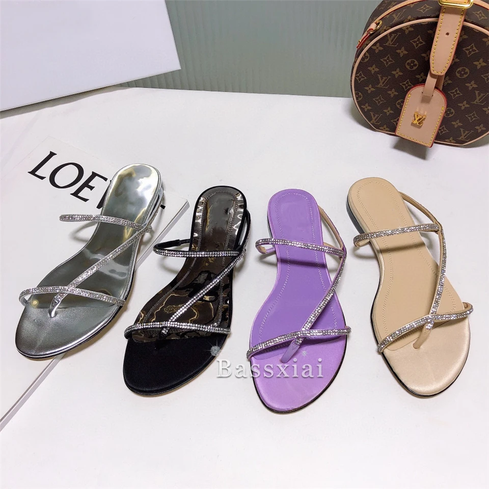 

Jeweled Diamond Narrow Band Sandals Women Summer Flat Heel Genuine Leather Slip-on Lazyman Mules For Girls Lady