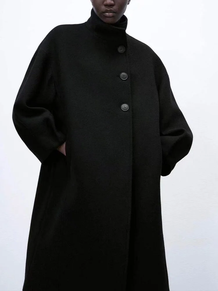 

Women's coat 2022 stand collar coat coat button long sleeve pocket long solid color Fashion female blazer Women coat