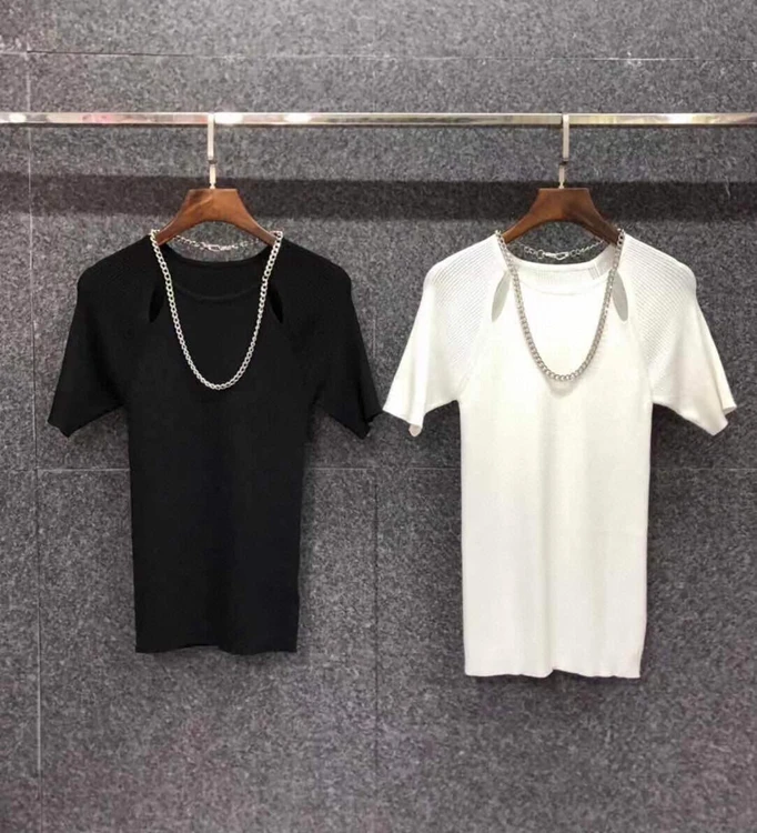 

Новинка весна-лето 2021 женский универсальный топ с круглым вырезом и декоративными цепочками и короткими рукавами 326