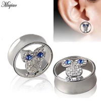 miqiao 2pcs stainelss steel 10 25mm ear gauge plug tunnels flesh owl crystals ear strecher expander body jewelry piercing