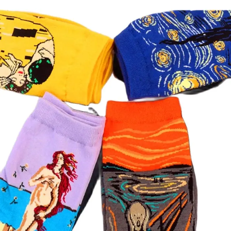 

5Pairs/Set Happy Socks Men And Women Oil Painting Van Gogh Socks Colorful Harajuku Skateboard Female Cotton Socks Woman