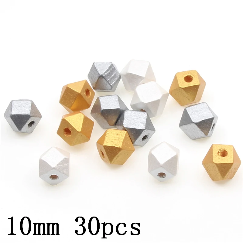 

30PCS 10mm Gold Silver Color Octagonal Wooden Loose Beads For Jewelry Making Bracelet Necklace Accessories DIY Beaded