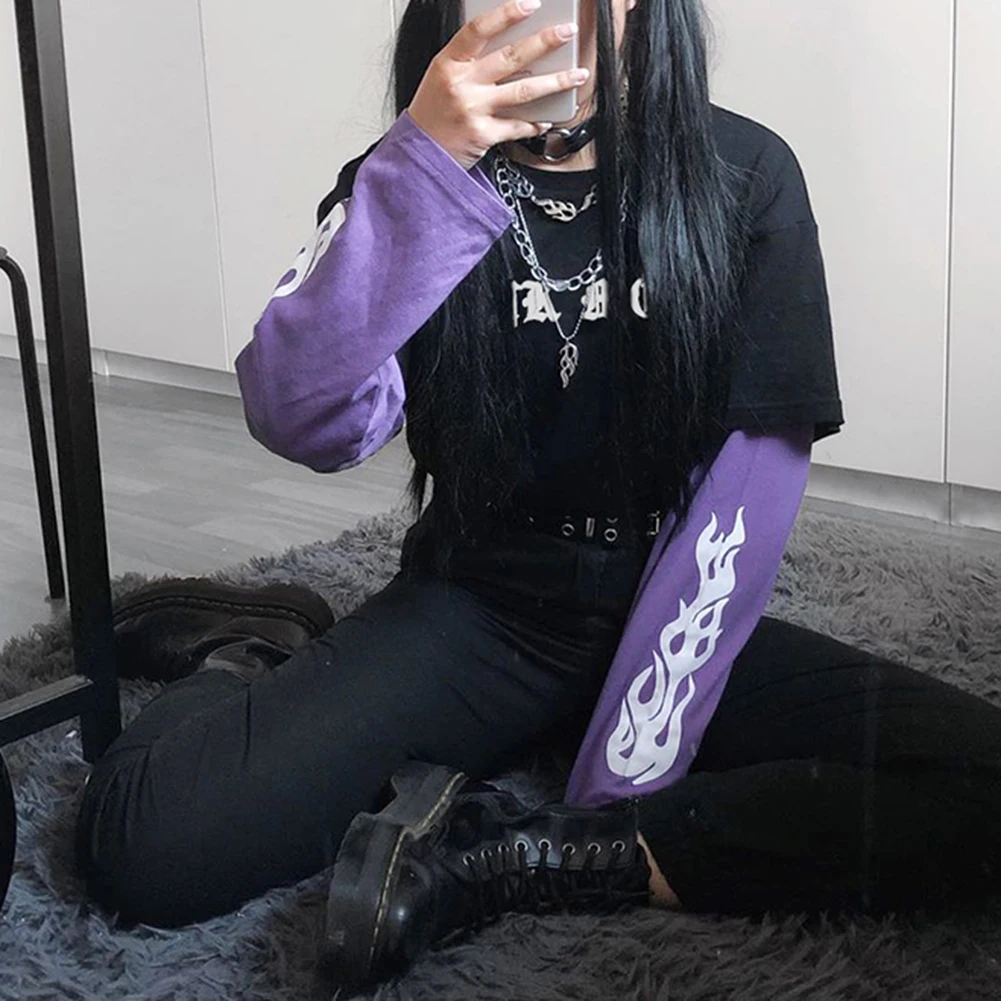 Женская футболка в стиле пэчворк с принтом пламени контрастного цвета Harajuku