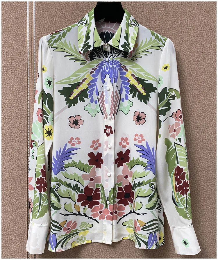 

Women Silk Blouse 2021 Spring Summer Female Vintage Floral Print Slim Silk Blouse Female All Match Elegant Loose Long Sleeve Top