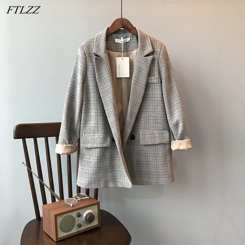 

FTLZZ Spring New Arrival Office Ladies Casual Plaid Blazer Women Elegant Double Breasted Spliced Sleeve Loose Suit Jackets