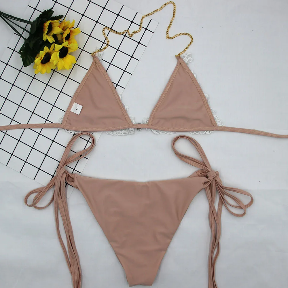 

New sexy Lace Bikini Diamond Swimsuit Women Swimwear Bandage Halter Bikinis Set Brazilian Rhinestone Beachwear Push Up Bikini