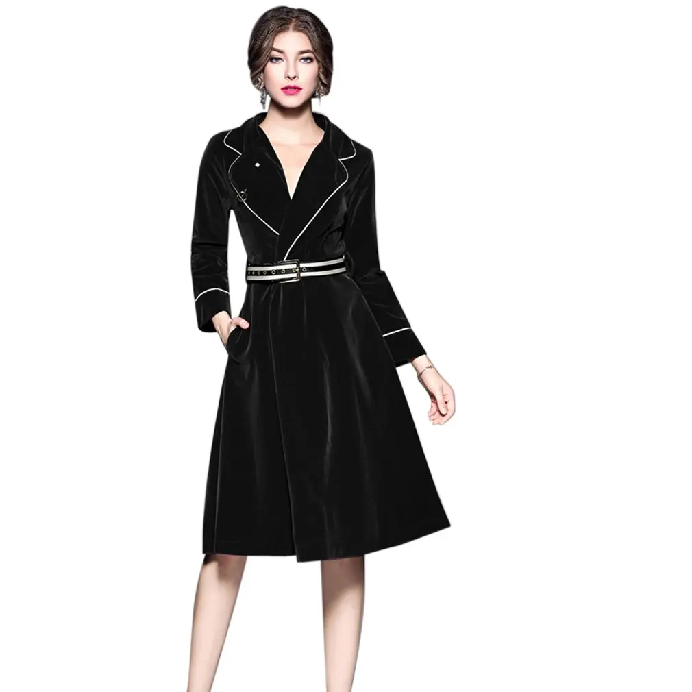 Женская 2017 Осень зима элегантная длинная юбка с длинным рукавом v образным