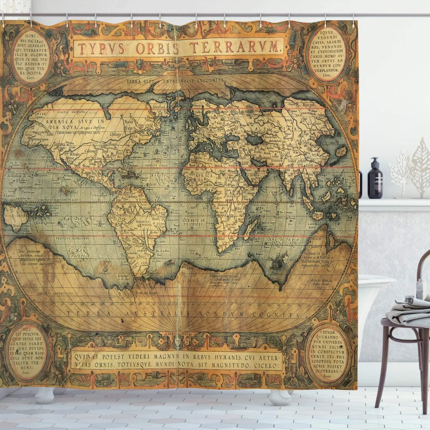 

16th Century Map of The World History Adventure Civilization, Cloth Fabric Bathroom Décor