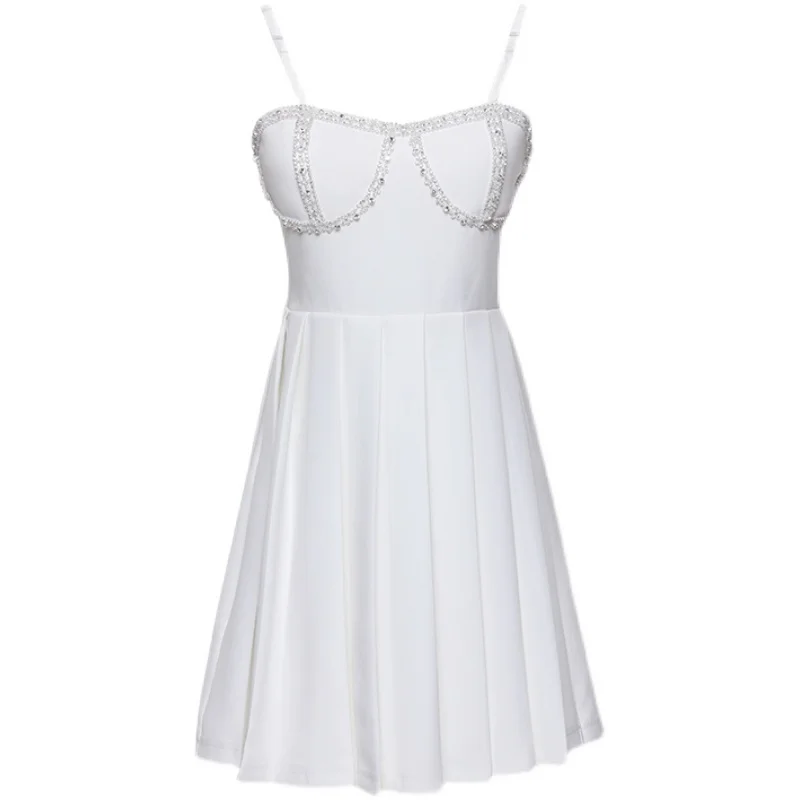 

COIGARSAM Sexy Women one-piece dress korean Spaghetti Strap Beading Dresses White 9218