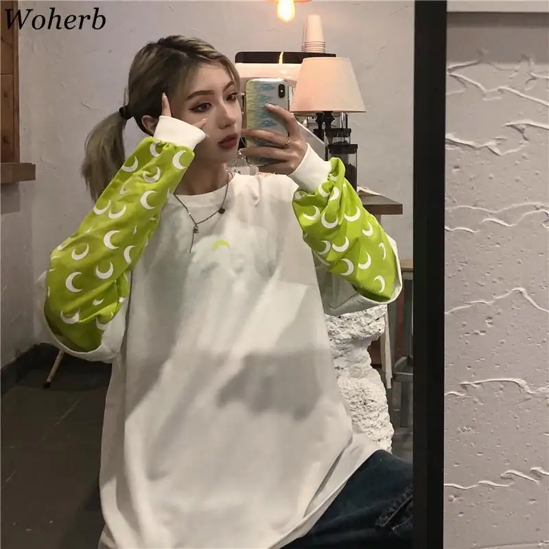 Woherb Fake two pieces Толстовка с принтом Луны из кусков длинным рукавом женские
