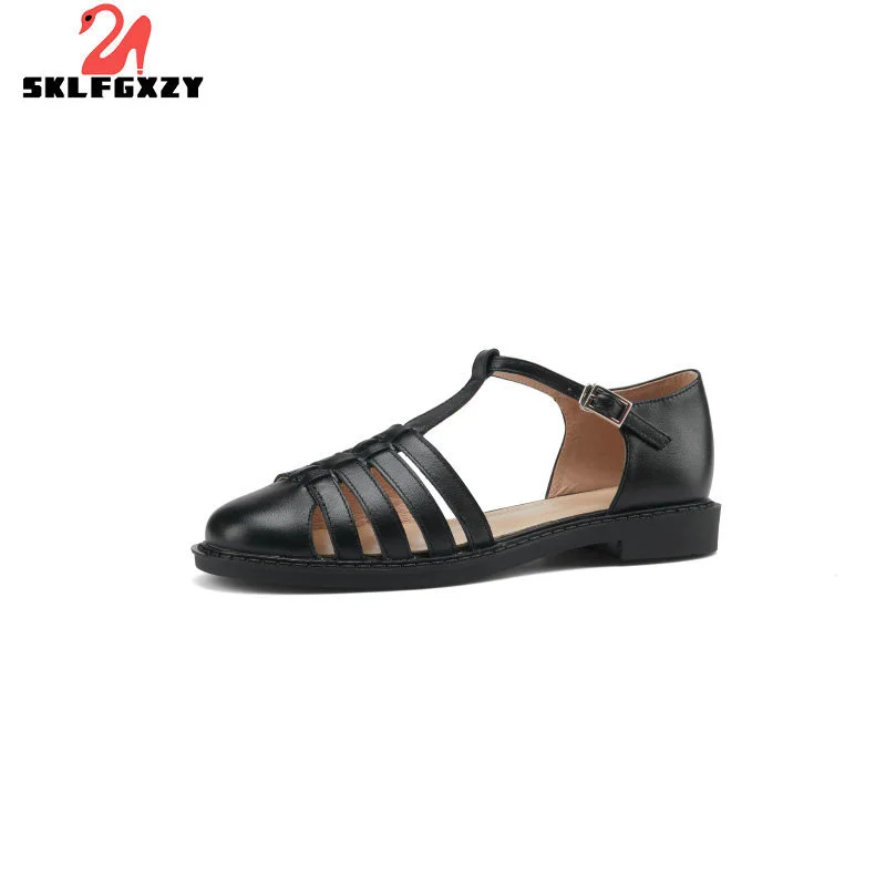 

SKLFGXZY New Summer Women Sandals Genuine Leather Cowhide Black Comfortable Beach Shoes Roman Style