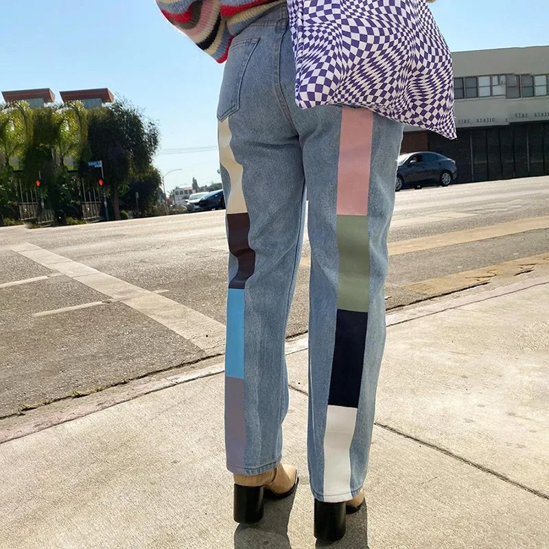 

Женские прямые джинсовые брюки, модные брюки в европейском стиле с принтом и высокой талией для девочек, лето 2021