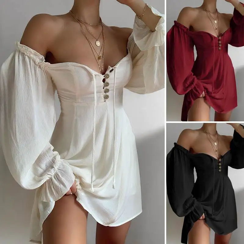 

mini dress Women sexy Off Shoulder Dresses Puff long Sleeve Ruffle dresses Casual Solid Sundress Lady Party dress 2021 autumn