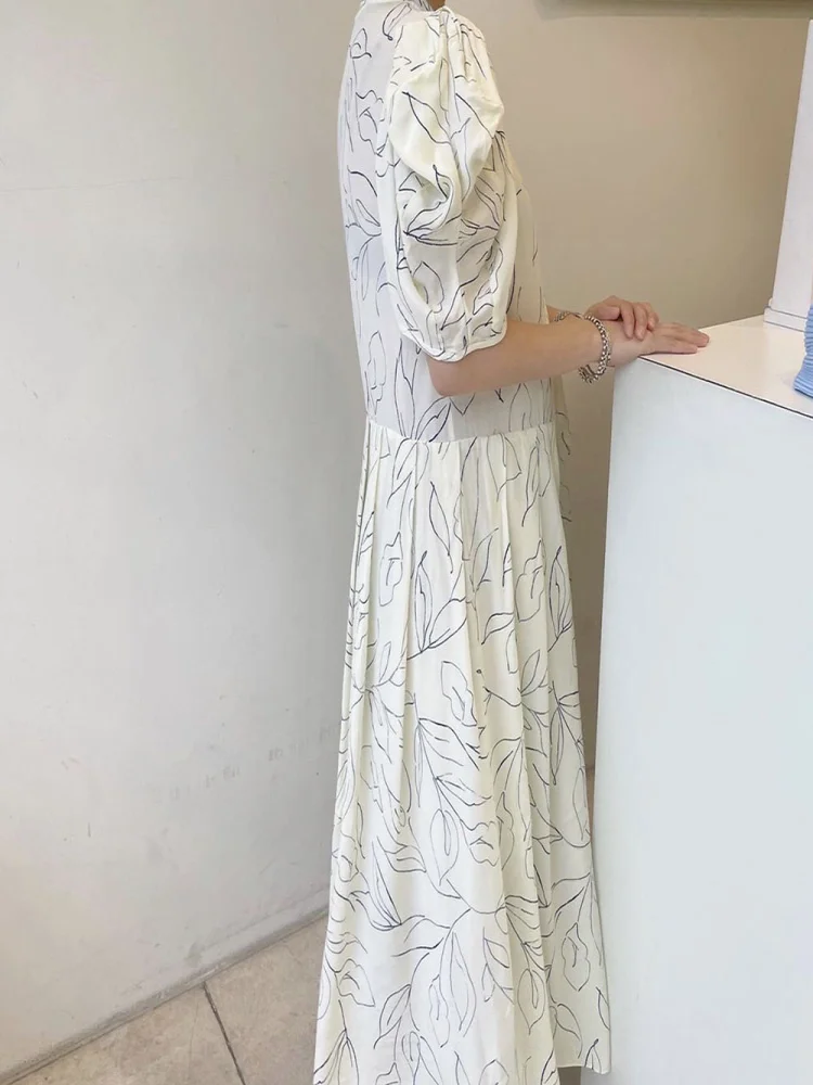 

2021 Retro Korean Fashion Summer New Printing Long Loose Casual Bandage Puff Sleeve Solid Color Women's Dress Temperament