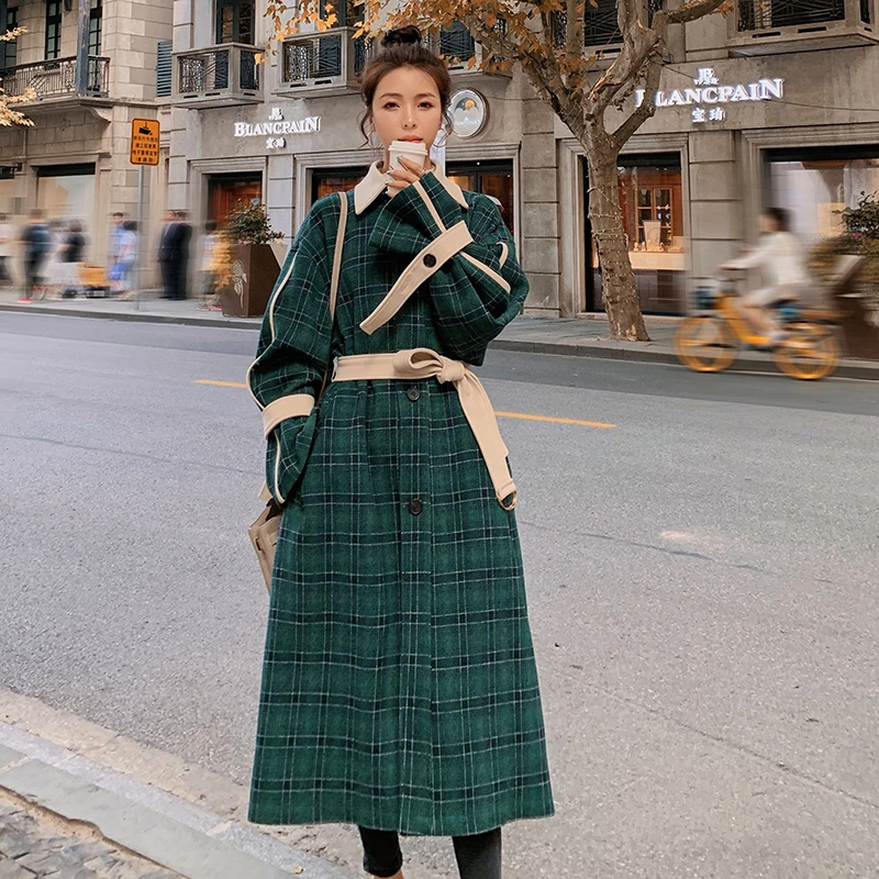 

2020 Winter New Retro Long Woolen Coat Stitching Plaid Jacket Thick Warm Casual Fashion High-quality Wool Blended Women's Coats