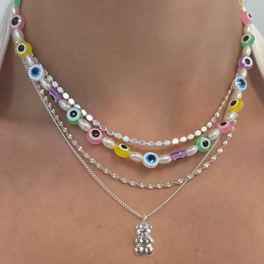 

Layered Rainbow Glass Evil Eye Pearl Choker Beaded Necklace For Women Silver Color Bear Chain Necklace Turkish Boho Y2K Jewelry