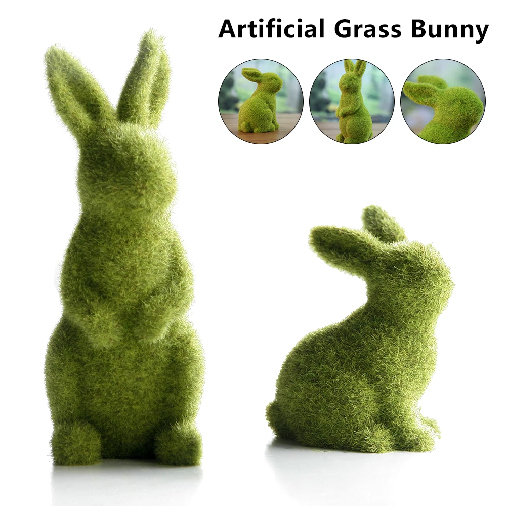

Cute Animal Rabbit Figurines Ornaments Artificial Green Grass Flocked Cartoon Bunny Garden Statue For Spring Easter Decorations