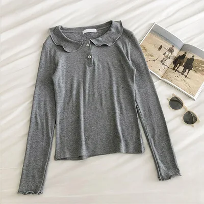 

han Ladies Autumn Lace Round Neck Solid Color T-Shirt Slim and Thin All-match Pullover Top