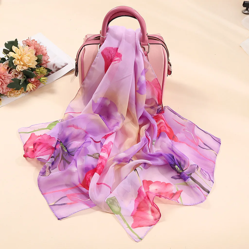 Модный женский цветочный принт длинный мягкий шарф имитация шелка шаль шарфы
