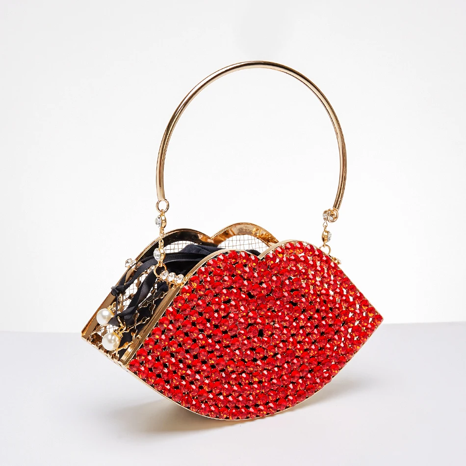 

Red Lips Diamond Evening Clutch Bag Women New Designer Chic Hollow Out Small Metal Cage Handbag Rhinestone Purse Wedding