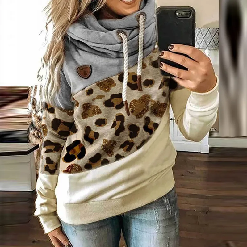 5XL Леопардовый лоскутный свитшот с капюшоном женские осенне-зимние толстовки