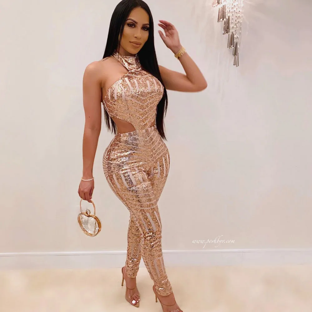 2020 сексуальный комбинезон с открытыми плечами и блестками женский открытой
