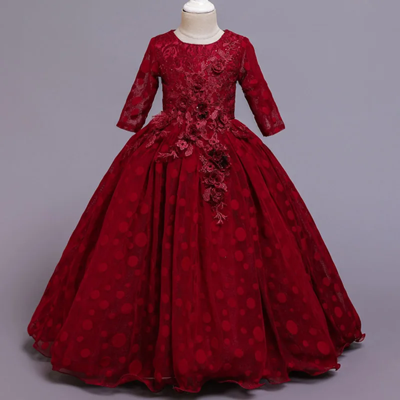 Dark red Кружевные платья для девочек с цветочным рисунком и длинным шлейфом; элегантные платья невесты; бальное платье; вечернее платье; платья для первого причастия; Vestido Comunion - Цвет: Dark red