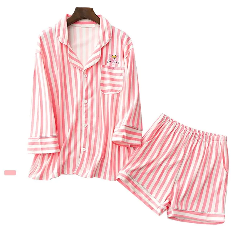 

Woman's Cotton Capris Short Sleeve Striped Cartoon Pajamas Suit Korean Sweet And Lovely Home Suit Comfortable Soft Homewear Set