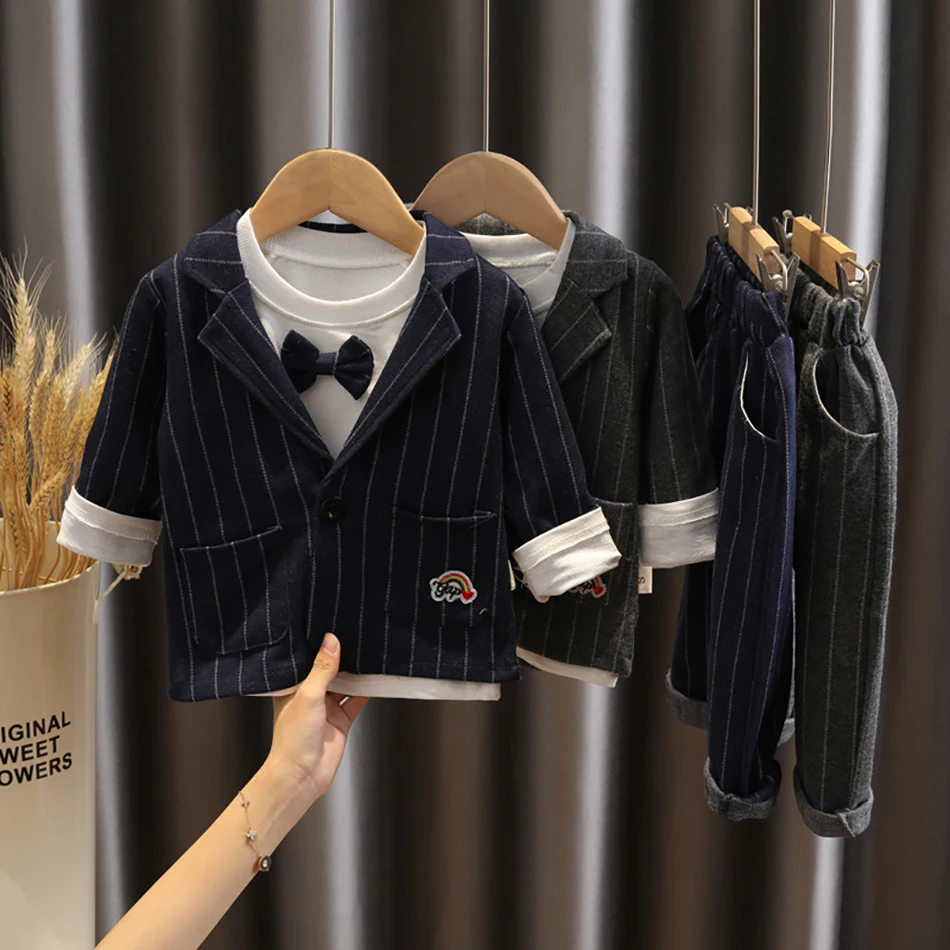 Spring Children Kids Formal Gentleman Casual Toddlder Boys Tie Jackets T-Shirt Pants 3pcs Sets Infant Suit Costume