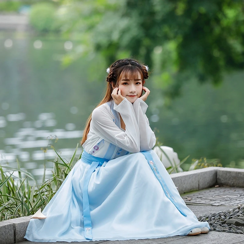 Синий Ханфу костюм для взрослых женщин в современном китайском стиле. Леди прекрасные платья девочки для дня рождения, сексуальное милое промо.