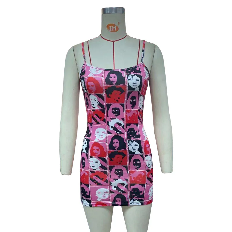 

Fashion Lace Abstract Head Print Dress Summer Dress Women's Suspenders Tight-fitting Club Party Dress Sun Skirt Sexy Dress 2021