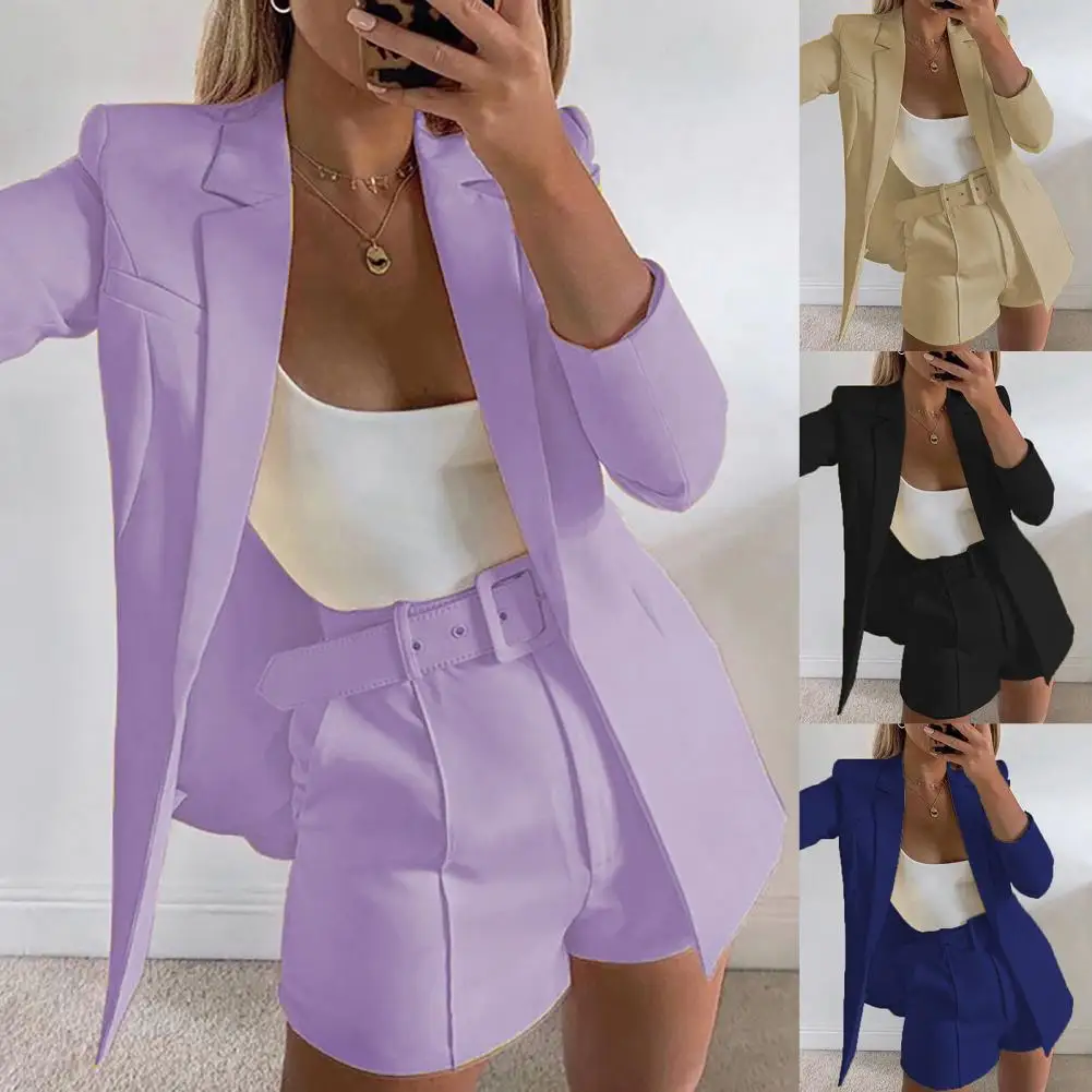 

Women Outfit 2021 Solid Color Pockets Women Outfit Two-piece Cardigan Blazer Shorts Belt Set for Autumn
