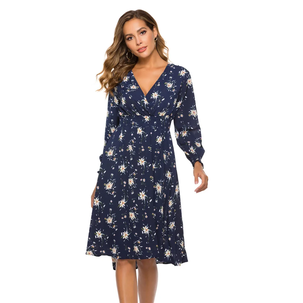 

Dresses For Women 2022 New Spring Chiffon Printing V-Neck Mid-Length Elastic Waist Floral Chic Casual Female Dress Vestidos