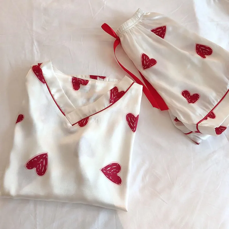 

Summer Pajamas For Women Sweet Cherry Heart Silk Pyjamas Short Sleeve Shirts Shorts Ladies Night Suit Harajuku Leisure Sleepwear