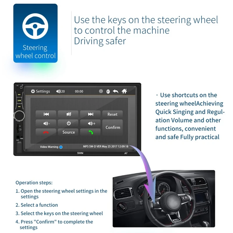 

2 Din Car Radio 7 Inch MP5 Player Press Screen Digital Display Bluetooth Multimedia USB/DVR/FM/Mirror Link, A7