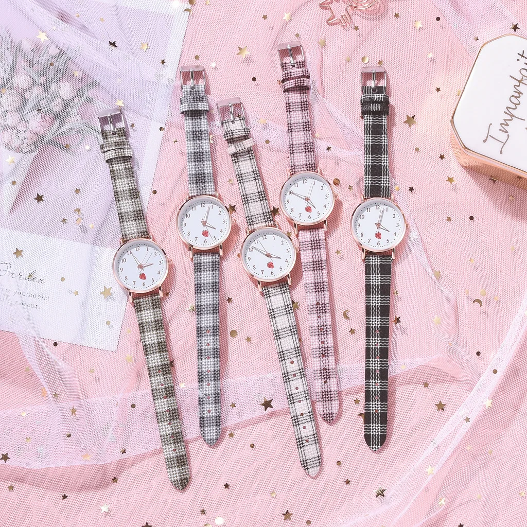 

MREURIO Women's Wrist Watches Cute Little Strawberry Simple Dial Elegant PU Plaid Band Daisy Bracelets Watch Set Birthday Gifts
