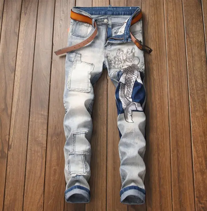 Straight stretch jeans mens embroidered carp retro slim men's trendy pants Original design spodnie meskie jeansy American