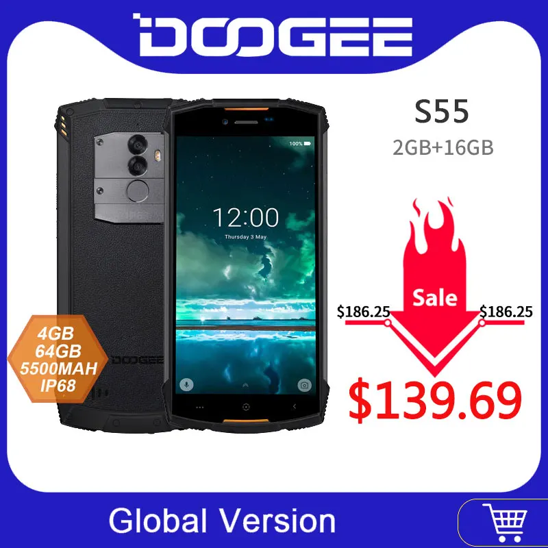 IP68 DOOGEE S55 Открытый водонепроницаемый смартфон MTK6750T Восьмиядерный 4 Гб ОЗУ 64 Гб ПЗУ 5500 мАч 5,5 дюймов Android 8,0 две sim-карты 13,0 МП