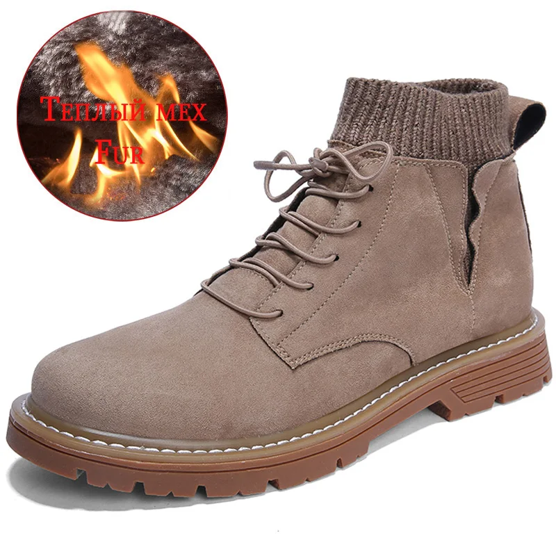 Fur khaki Брендовые мужские ботинки под платье; мужской на зиму и осень; Замшевые мужские ботильоны на шнуровке для вечеринок; дышащие мотоциклетные ботинки без застежки - Цвет: Fur khaki